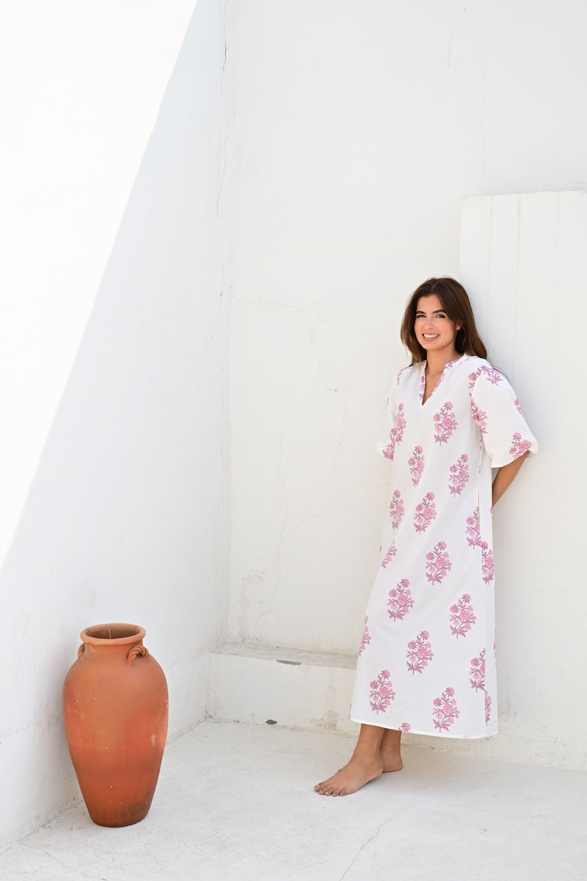 Lille kjole lang white/lilac poplin