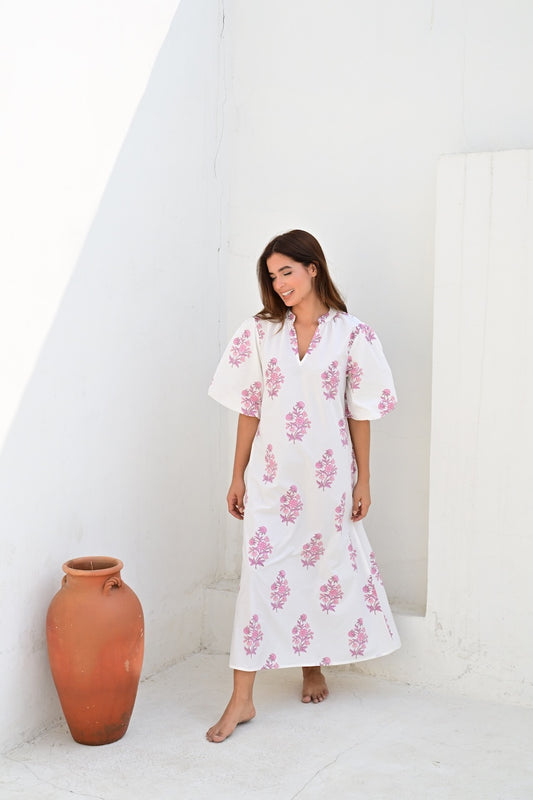 Lille kjole lang white/lilac poplin