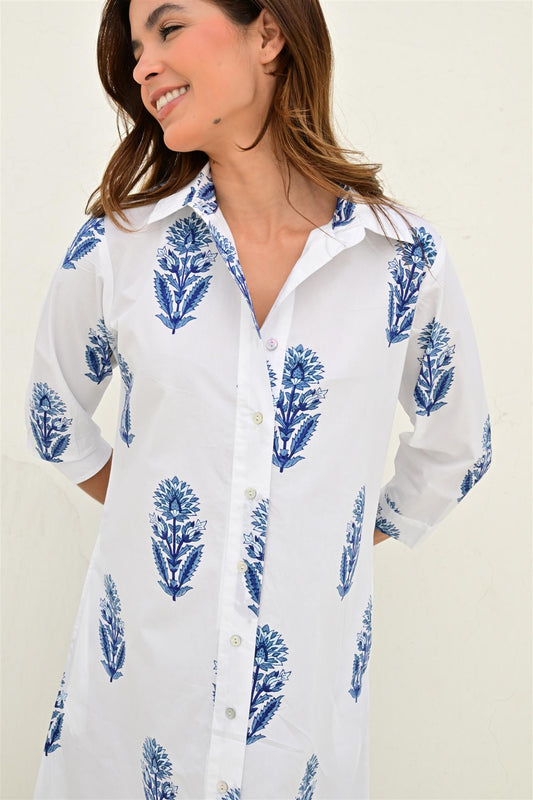 Bayonne skjortekjole lang poplin white/blue