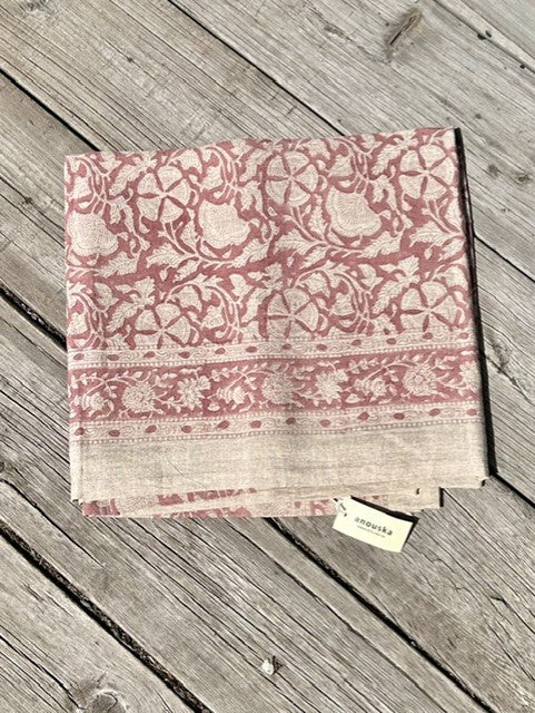 Duk 100% lin blokktrykket mønster 150x350 cm old rose