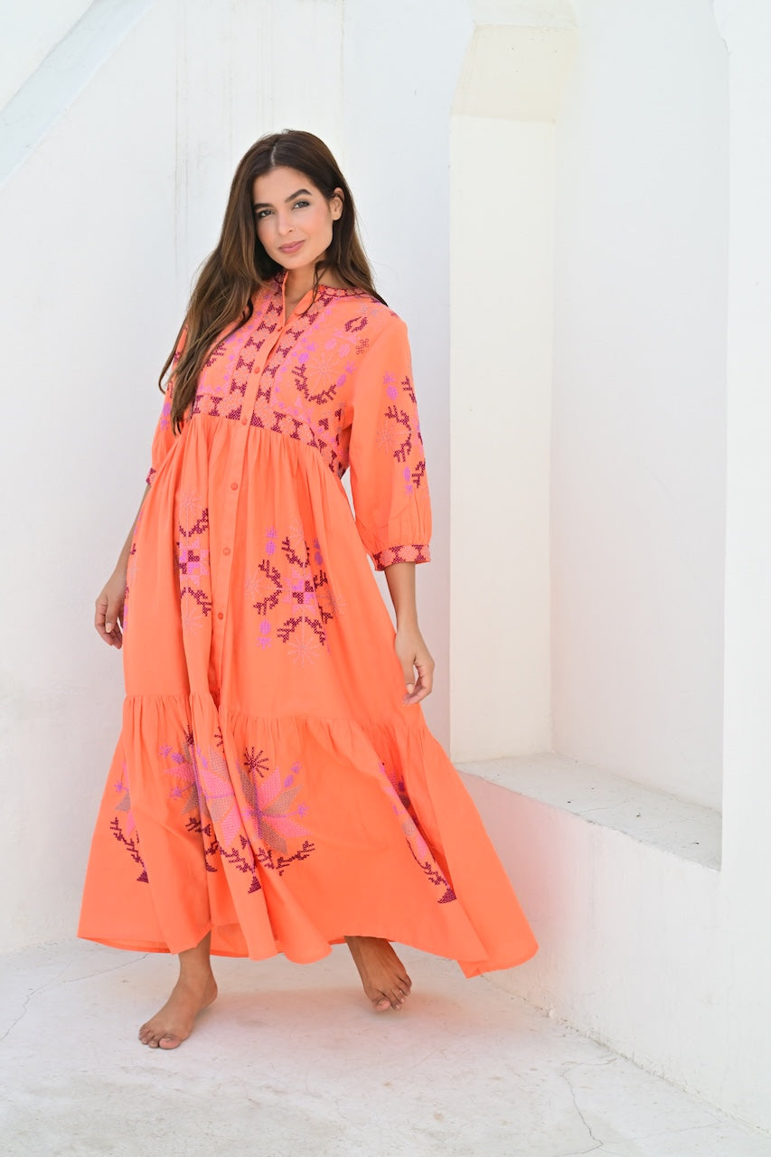 Narbonne kjole med broderier orange