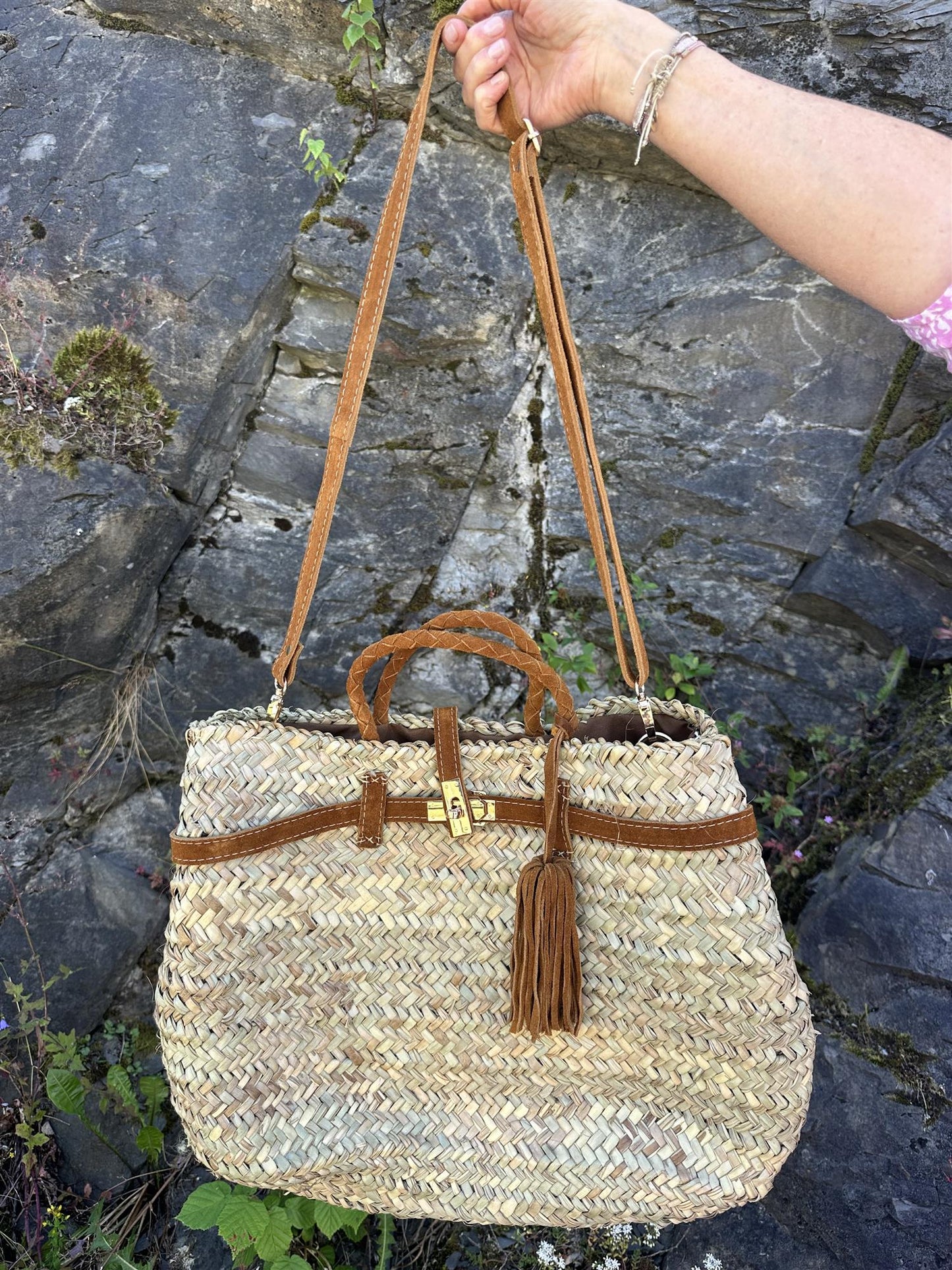 Berber Berkin bag med brune skinndetaljer og skinnhank