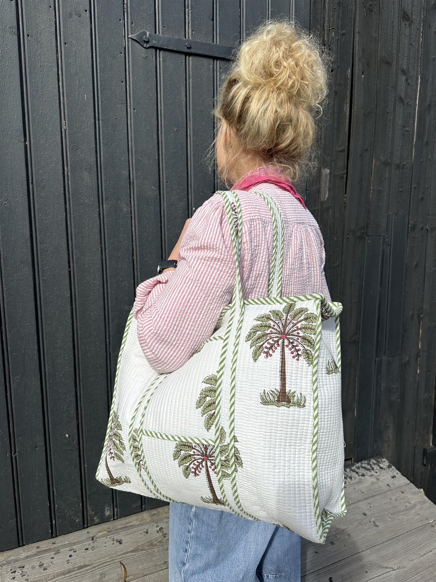 Vattert bag palme grønn/hvit