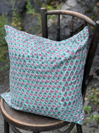 Putetrekk 50 x 50 cm blokktrykket aqua