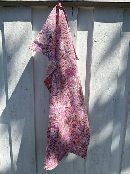 Kjøkkenhåndkle Fleur pink blokkprint