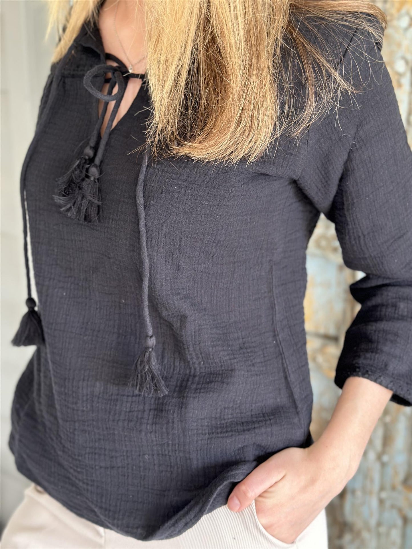 Bahamas bluse 100% bomullskrepp sort