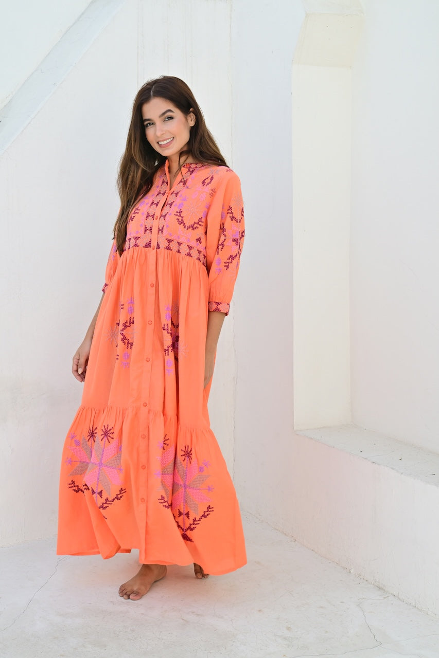 Narbonne kjole med broderier orange