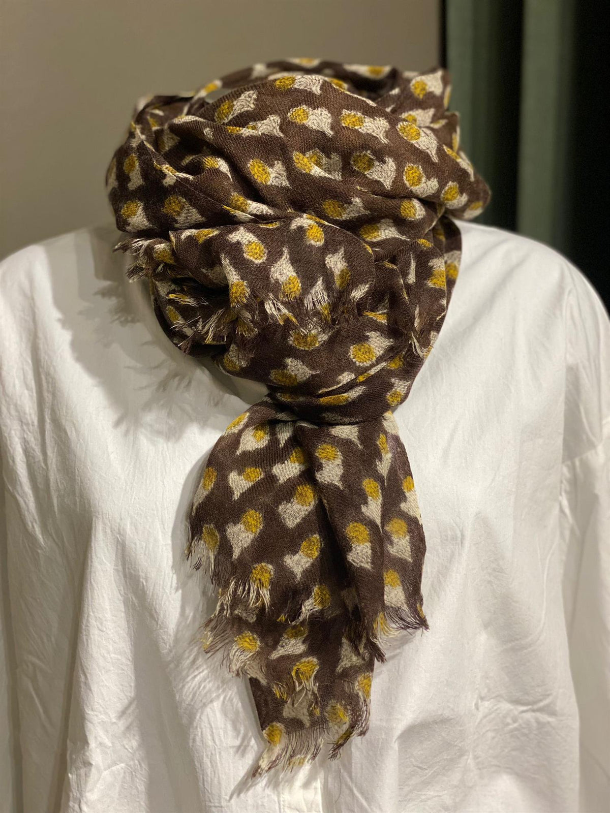 Skjerf blokkprint brun & sennep