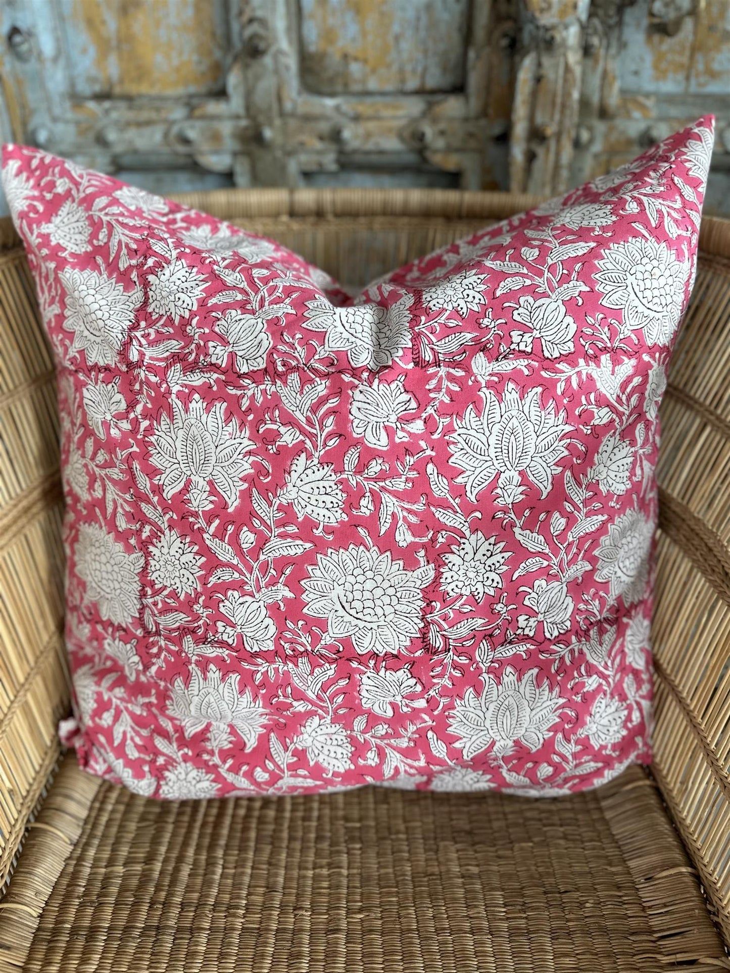 Putetrekk blokktrykket 60 x 60 cm pink