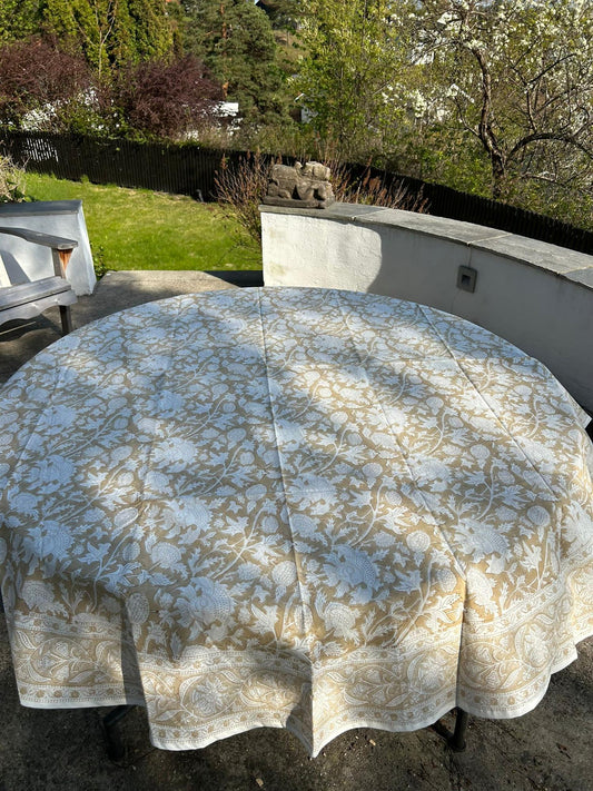 Duk rund blokktrykk Ø 180 cm beige