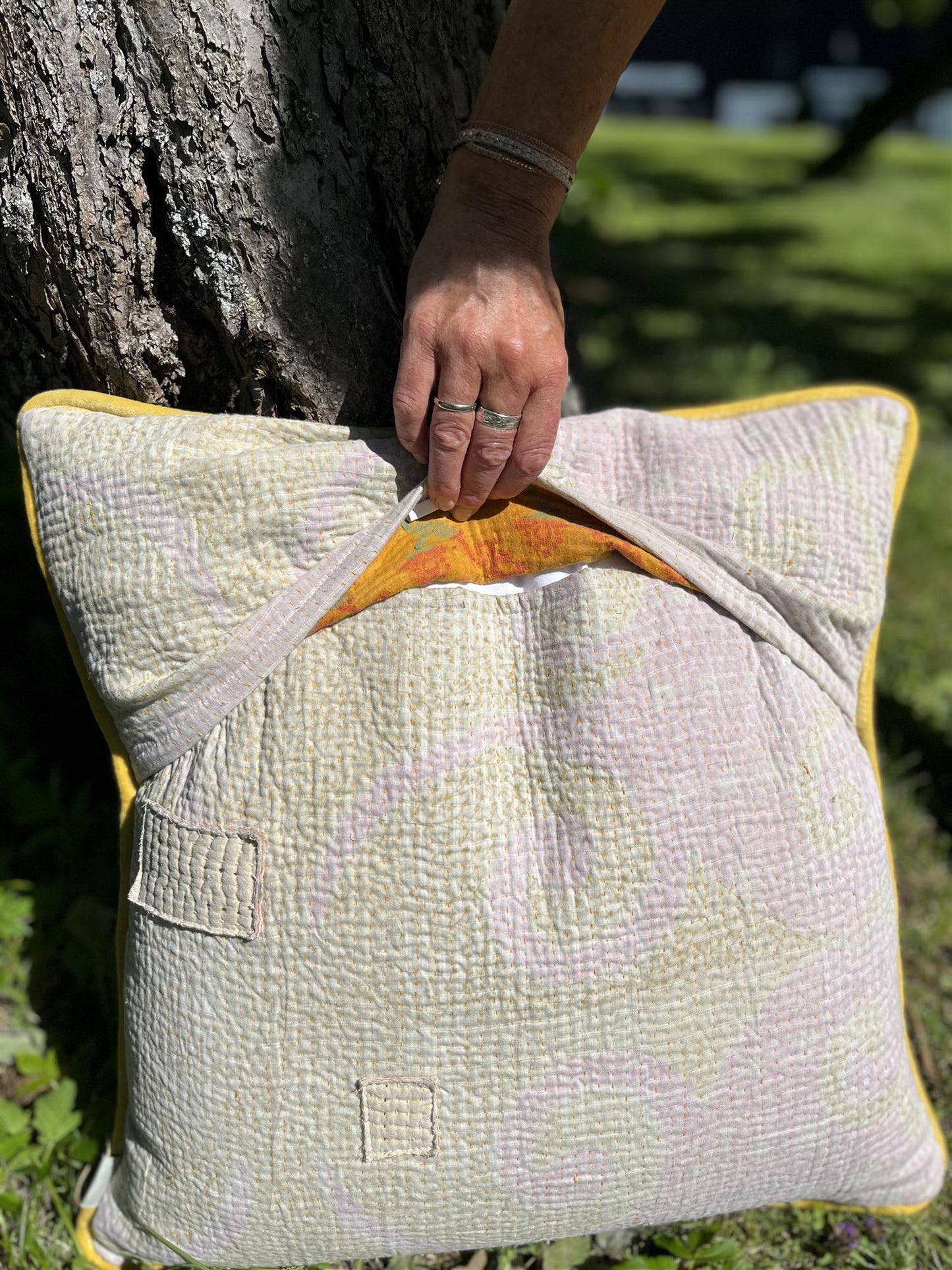 Putetrekk vintage kantha med rulour 50x50 cm #10