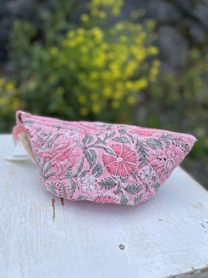 Sminkepung blokktrykket pink flower