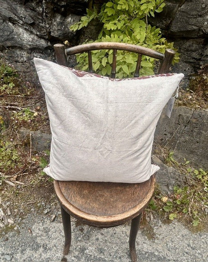 Putetrekk 100% lin blokktrykket mønster 50x50 cm natur & burgunder, korall & krem