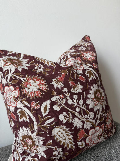 Putetrekk 100% lin blokktrykket mønster 50x50 cm natur & burgunder, korall & krem