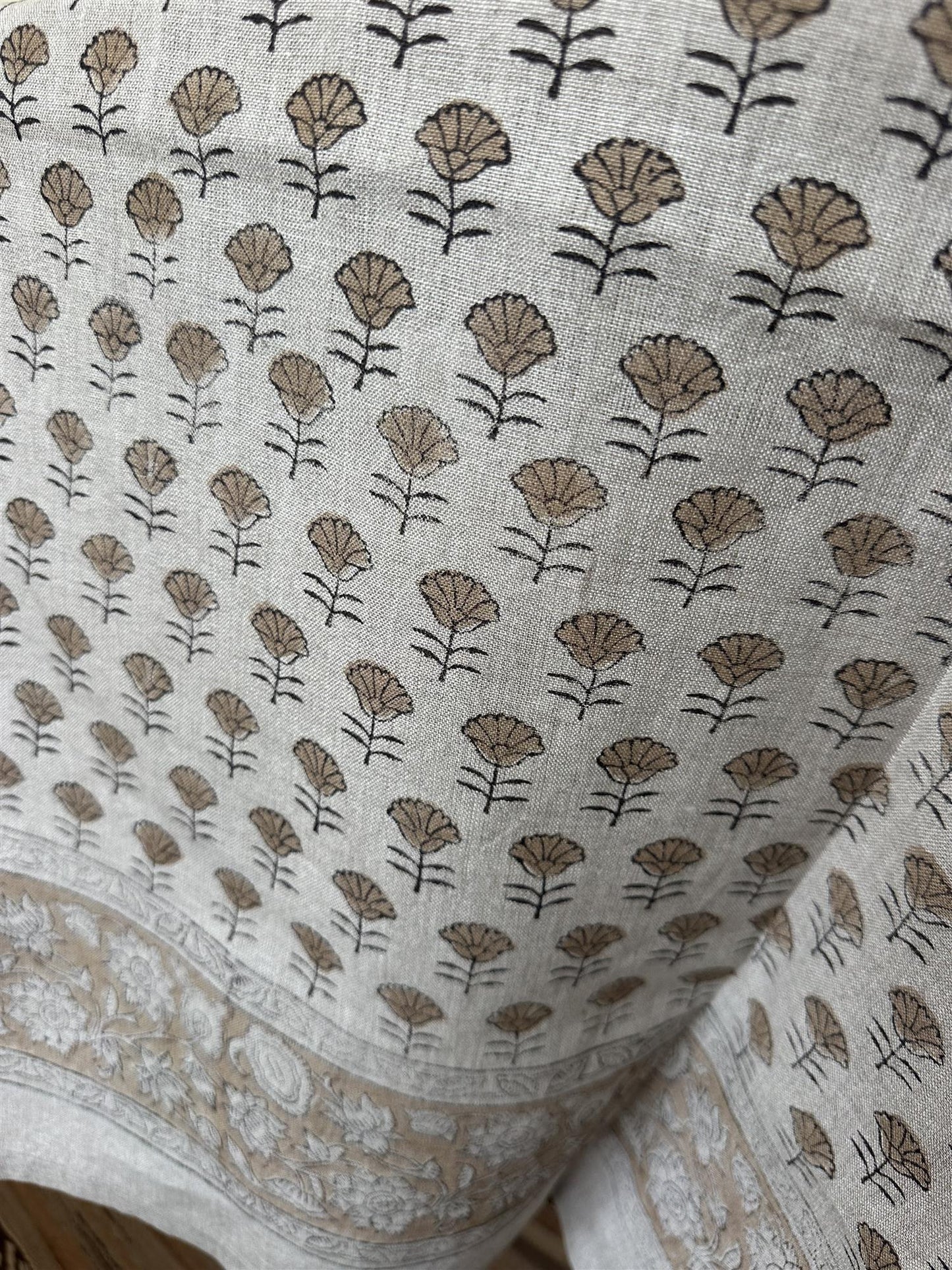 Duk 100% lin blokktrykket mønster 150x350 cm natur & brun