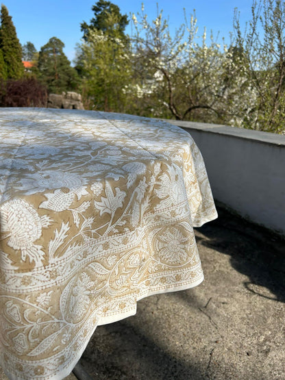 Duk rund blokktrykk Ø 180 cm beige