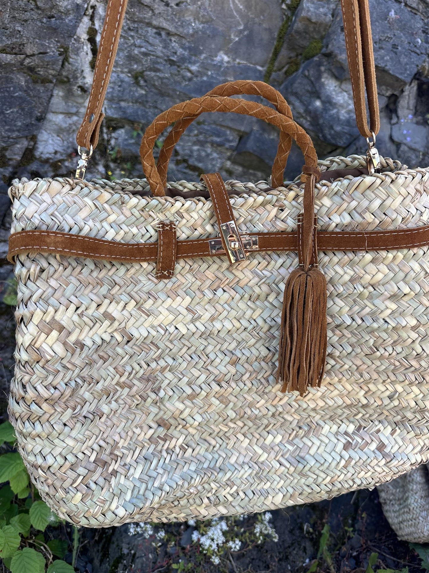 Berber Berkin bag med brune skinndetaljer og skinnhank