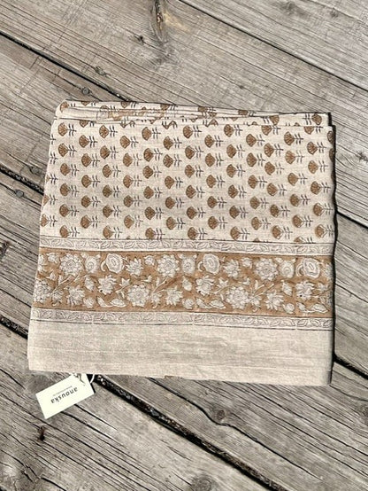 Duk 100% lin blokktrykket mønster 150x350 cm natur & brun