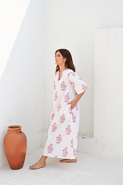 Lille kjole lang white/lilac poplin