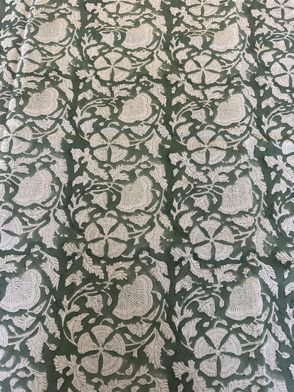 Duk 100% lin blokktrykket mønster 150x350 cm natur & grønn