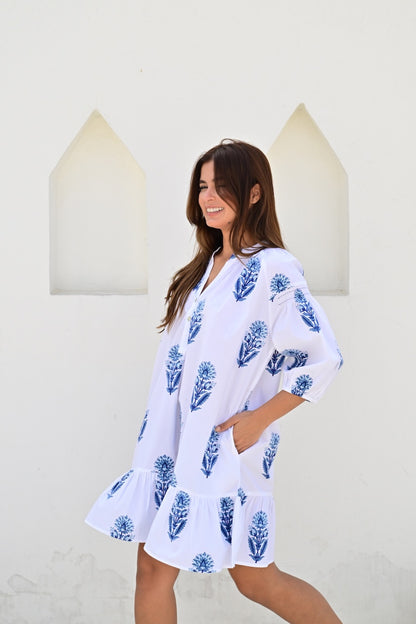 Bayonne kort kjole poplin white/blue