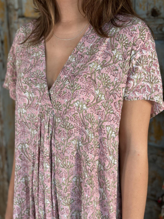 Nathalie lang kjole v-hals med lurex rosa