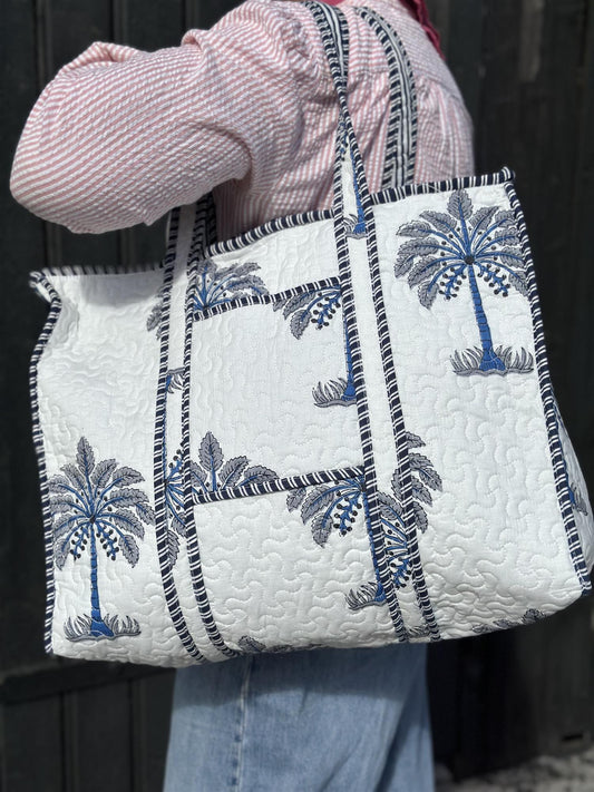 Vattert bag palme blå/hvit