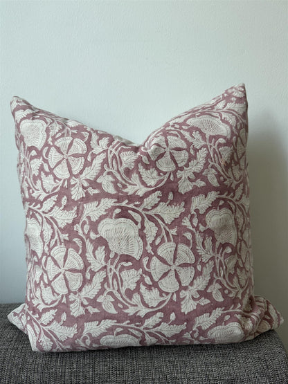 Putetrekk 100% lin blokktrykket mønster 50x50 cm natur & old rose