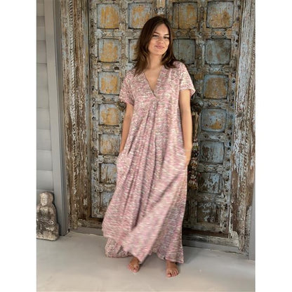 Nathalie lang kjole v-hals med lurex rosa