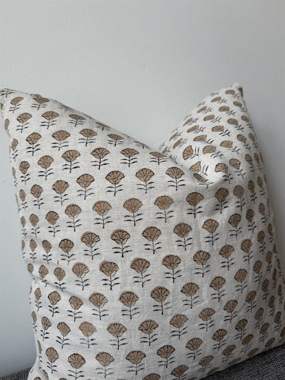 Putetrekk 100% lin blokktrykket mønster 50x50 cm natur, brun