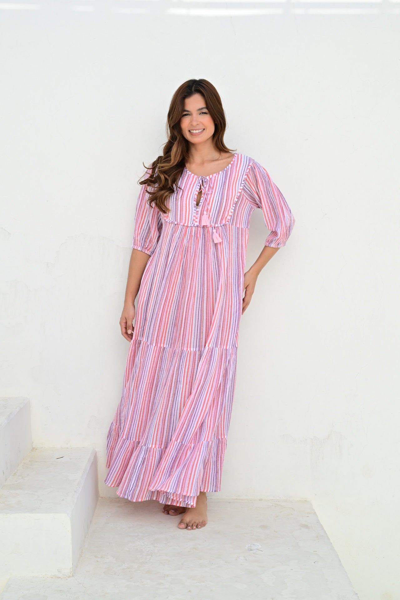 Marseille smekkekjole lang stripe purple
