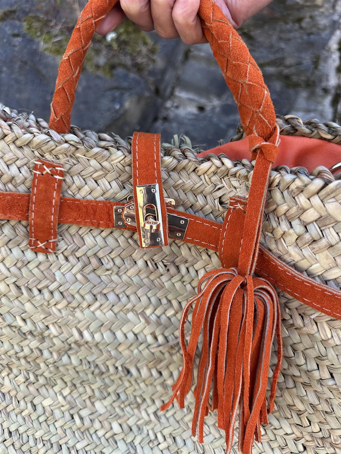 Berber Berkin bag med orange skinndetaljer og skinnhank
