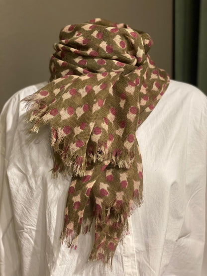Skjerf blokkprint oliven & pink
