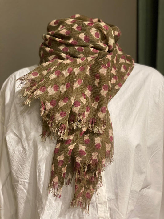 Skjerf blokkprint oliven & pink