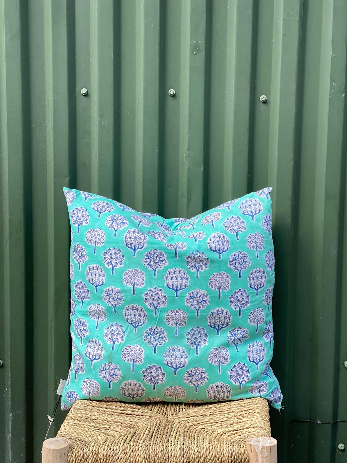 Putetrekk 50 x 50 cm blokktrykket turkis/blå
