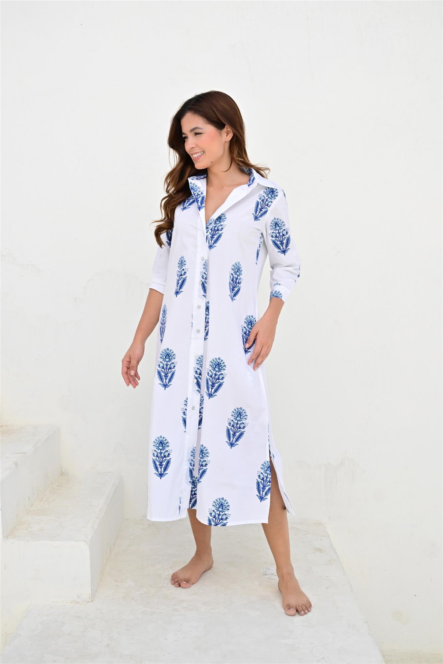 Bayonne skjortekjole lang poplin white/blue