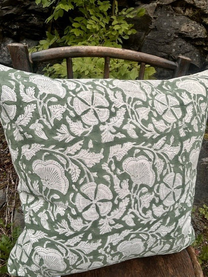 Putetrekk 100% lin blokktrykket mønster 50x50 cm natur & grønn