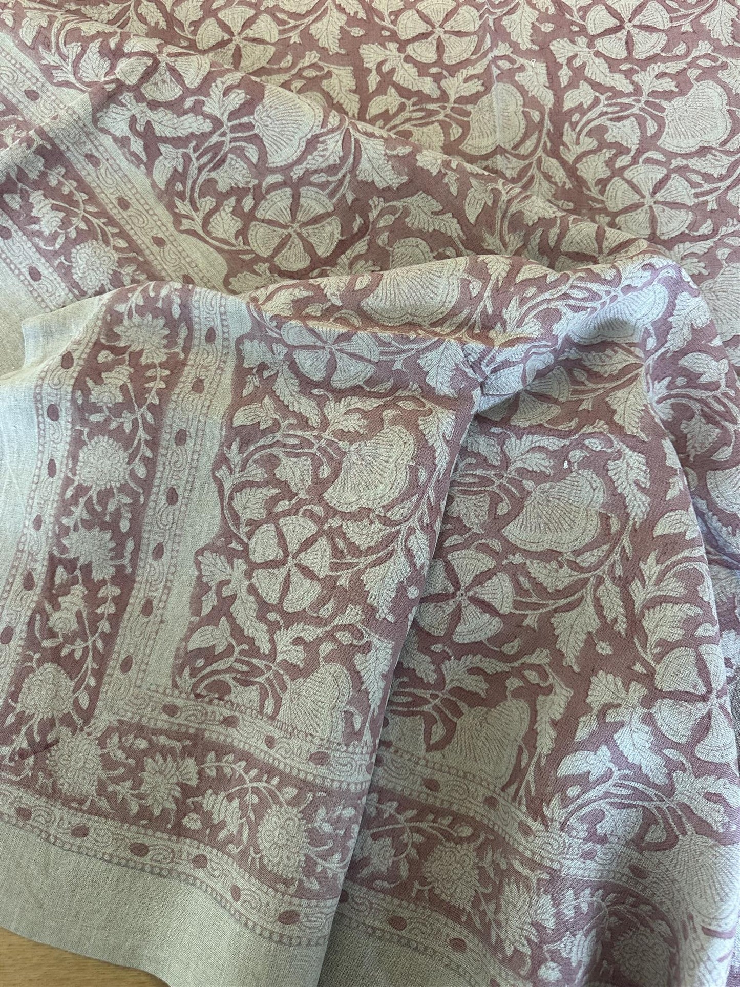 Duk 100% lin blokktrykket mønster 150x350 cm old rose