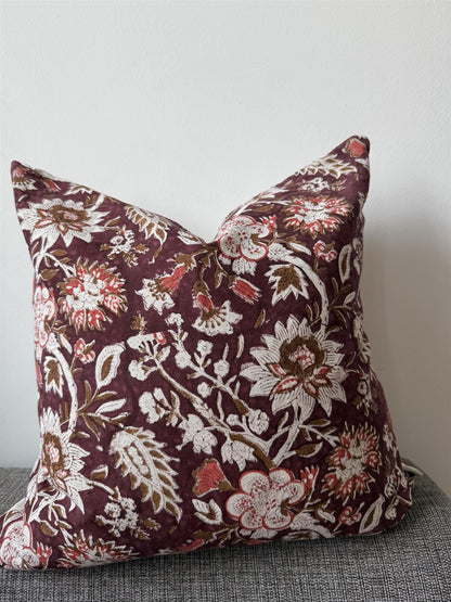 Putetrekk 100% lin blokktrykket mønster 50x50 cm natur & burgunder, korall & krem