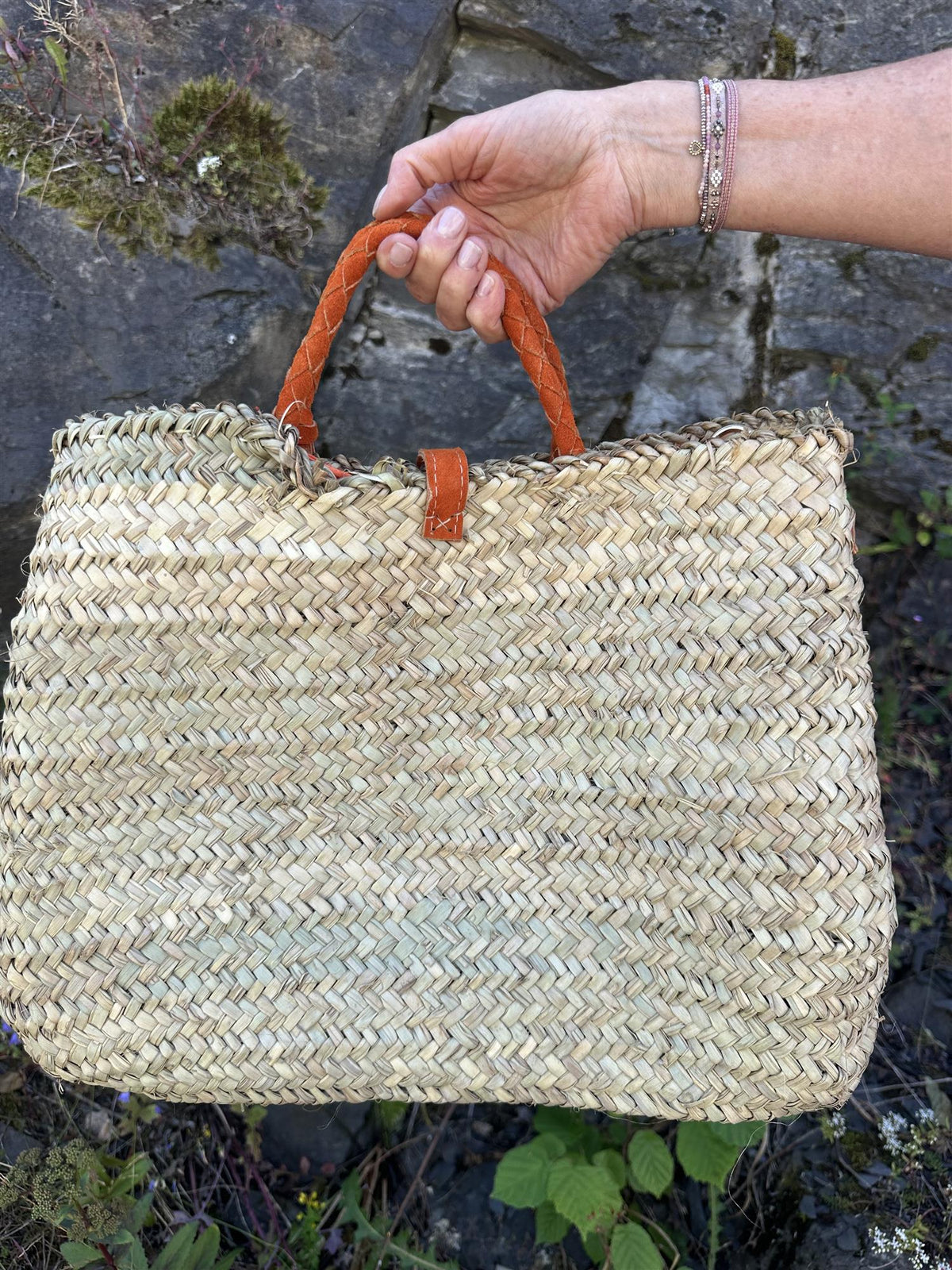 Berber Berkin bag med orange skinndetaljer og skinnhank