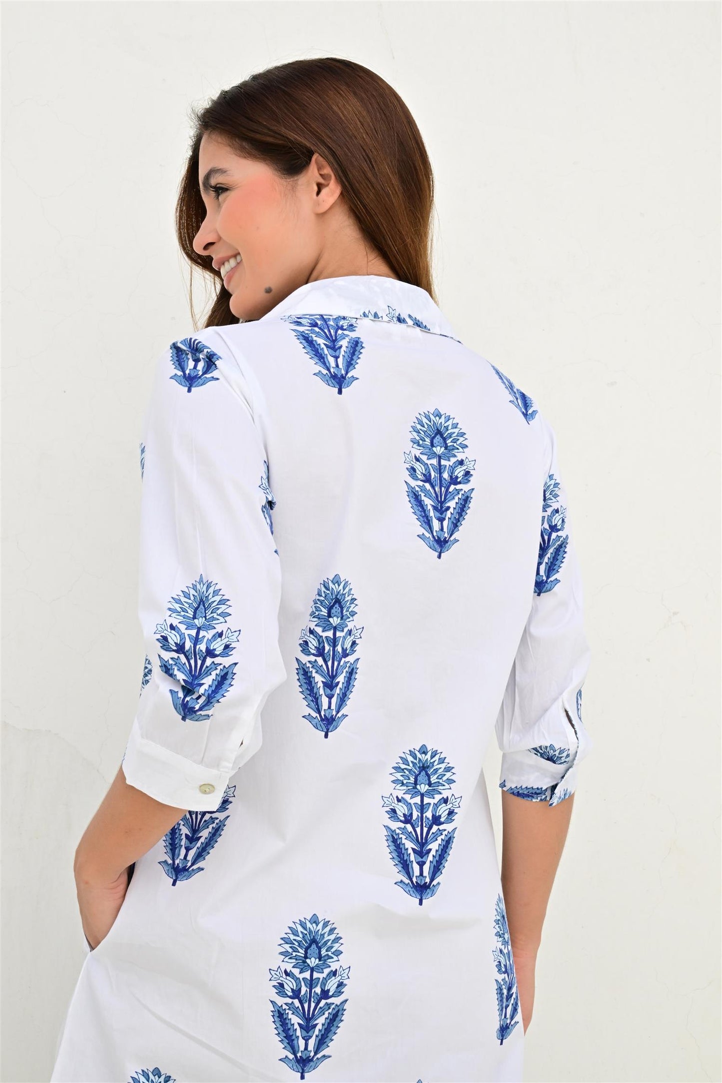 Bayonne skjortekjole lang poplin white/blue