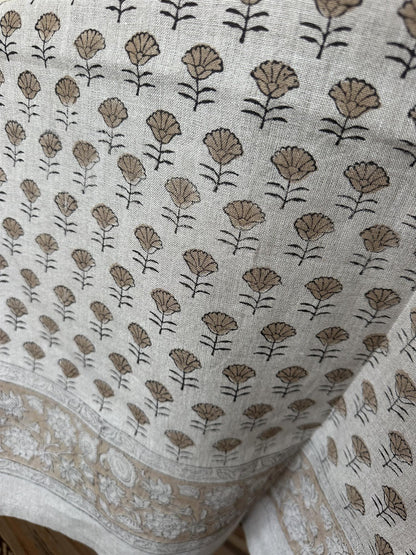 Duk 100% lin blokktrykket mønster 150x250 cm natur & brun