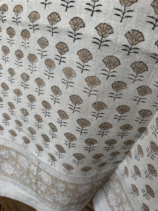 Duk 100% lin blokktrykket mønster 150x250 cm natur & brun